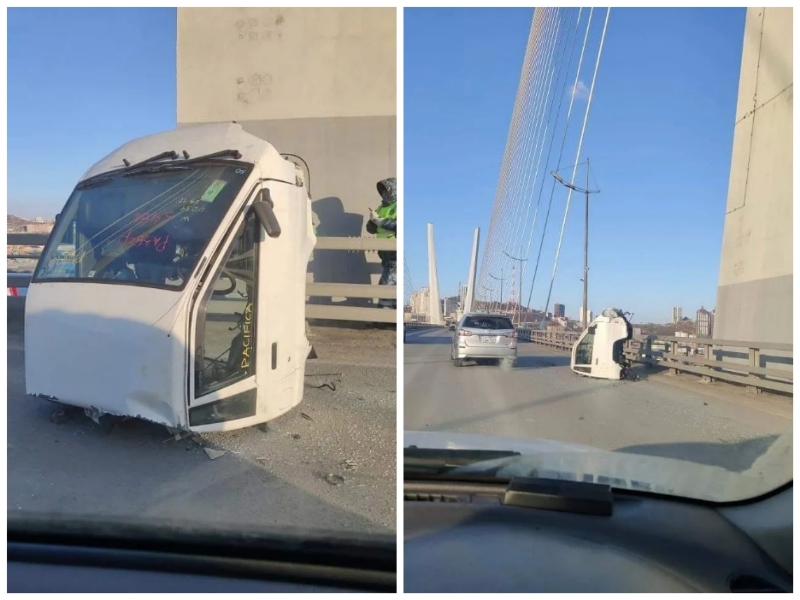 Отвалившуюся кабину грузовика на Золотом мосту во Владивостоке обсуждают в соцсетях