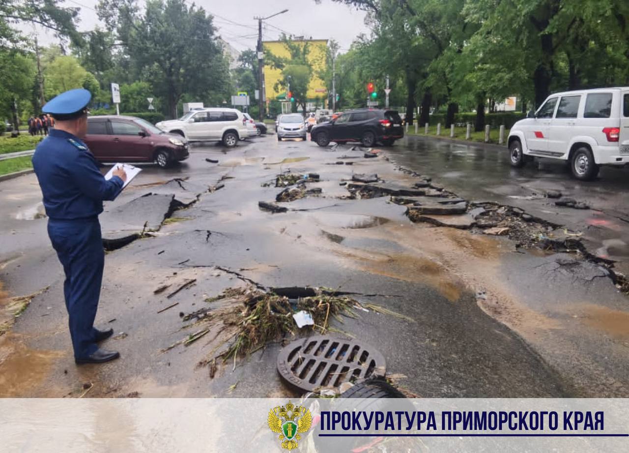 Прокуратура Владивостока обратила внимание на ужасающие повреждения асфальта на Давыдова после дождя