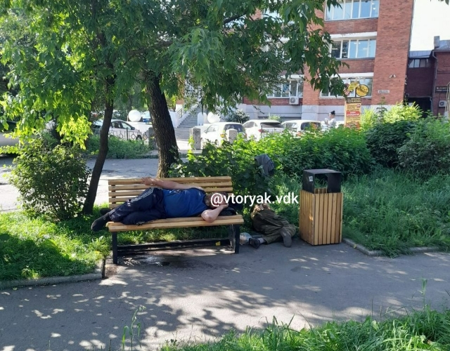 Бомжи, спящие на лавочках возле налоговой во Владивостоке, возмутили горожан