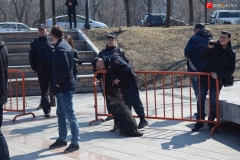 <strong>Особенностью митинга стала его организация со стороны правоохранительных органов - попасть на площадку перед Домом молодежи, которая была обнесена забором по всему периметру, можно было только после осмотра сотрудниками полиции; рядом дежурили кинологи с собаками. Впрочем, многие горожане могли слушать выступающих и за этим забором.</strong>