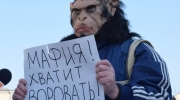 Один из участников пикета надел маску обезьяны и пытался бороться с мафией
