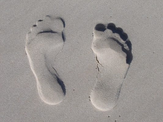пляж, море, песок, следы, нога