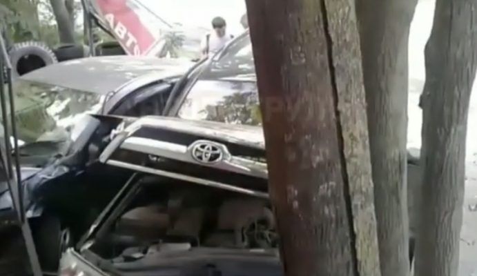 Необычное ДТП: во Владивостоке машина врезалась в дерево и оказалась под лестницей